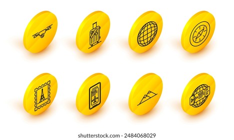 Set line Airline ticket, Postal stamp and Eiffel tower, Compass, Earth globe, Suitcase for travel stickers and Drone flying action video camera icon. Vector