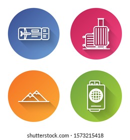 Set line Airline ticket, Suitcase for travel, Mountains and Passport with ticket. Color circle button. Vector