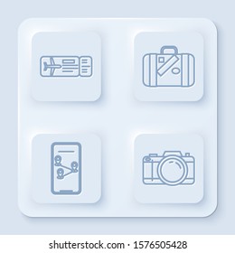 Set line Airline ticket, Suitcase for travel and stickers, Infographic of city map navigation and Photo camera. White square button. Vector