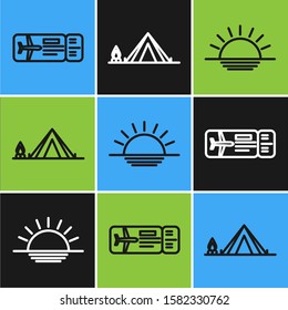Set line Airline ticket, Sunset and Tourist tent with wood fire icon. Vector