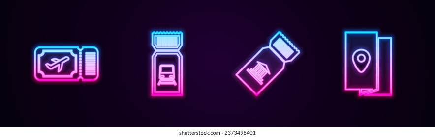 Flugticket, Zug, Museum und Reiseführer für Reisebusse. Leuchtendes Neonsymbol. Vektorgrafik