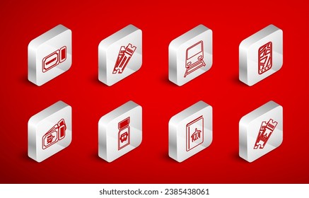 Set line Airline ticket, Ticket, Train, Infographic of city map, Cover book travel guide, Bus and  icon. Vector