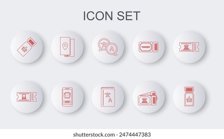 Set line Airline ticket, Train, Translator, Museum, Cover book travel guide, Online car sharing and  icon. Vector