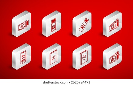 Set line Airline ticket, Train, Cover book travel guide,  and Online hotel booking icon. Vector