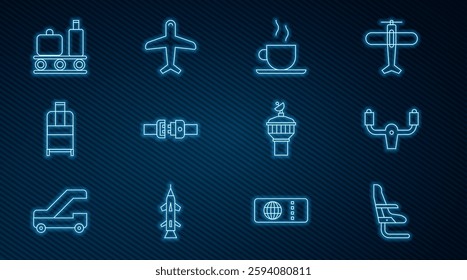 Set line Airplane seat, Aircraft steering helm, Coffee cup, Safety belt, Suitcase, Airport conveyor with suitcase, Radar and Plane icon. Vector