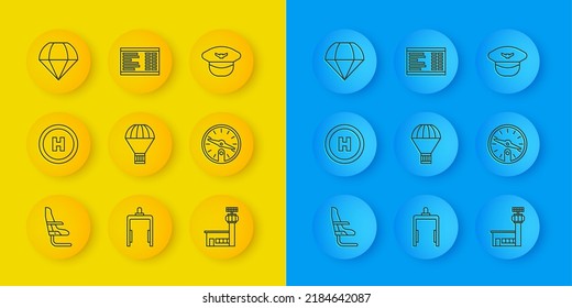 Set line Airplane seat, Helicopter landing pad, Box flying on parachute, Airport control tower, Compass, Parachute, Pilot hat and board icon. Vector