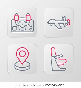 Set line Airplane seat, Location, UAV Drone and Aircraft steering helm icon. Vector