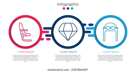 Set line Airplane seat, Parachute and Aviator hat with goggles. Business infographic template. Vector