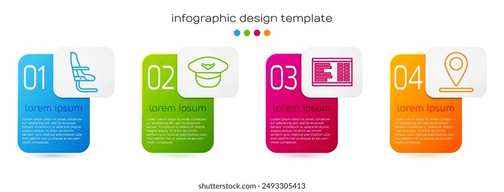 Set line Airplane seat, Pilot hat, Airport board and Location. Business infographic template. Vector
