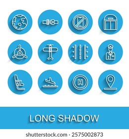 Set line Airplane seat, Plane landing, Worldwide, Helicopter pad, Location, Pilot and Airport runway icon. Vector