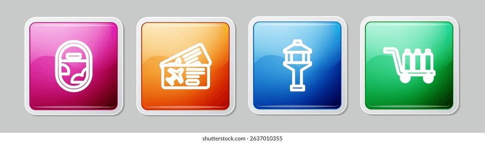 Set line Airplane window, Airline ticket, Airport control tower and Trolley baggage. Colorful square button. Vector