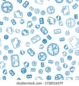 Set line Airplane window, Compass and Suitcase on seamless pattern. Vector