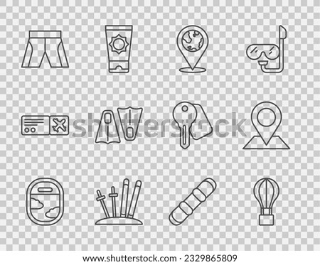 Set line Airplane window, Hot air balloon, Location the globe, Ski and sticks, Short or pants, Rubber flippers for swimming, Snowboard and  icon. Vector