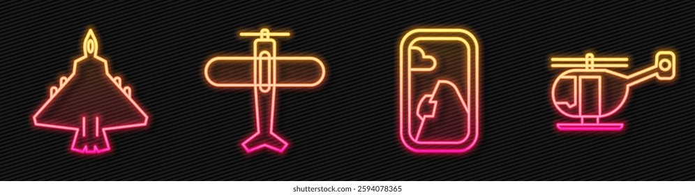 Set line Airplane window, Jet fighter, Plane and Helicopter. Glowing neon icon. Vector