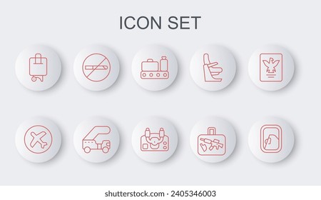 Set line Airplane window, Plane, Conveyor belt with suitcase, Suitcase, No Smoking, Passenger ladder and Aircraft steering helm icon. Vector