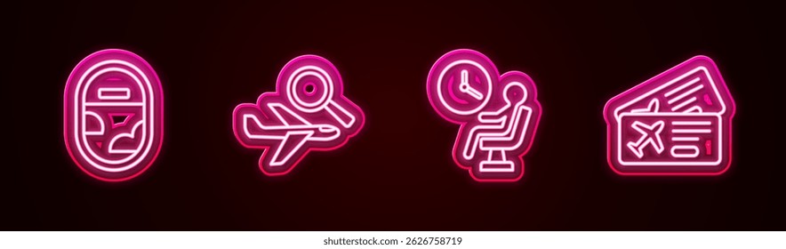Set Line Flugzeug Fenster, Suche, Human wartend Flughafen Terminal und Flugticket. Leuchtendes Neonsymbol. Vektorgrafik