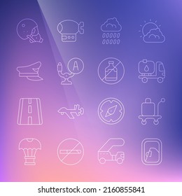 Set line Airplane window, Trolley baggage, Fuel tanker truck, Cloud with rain, Aircraft steering helm, Pilot hat, Modern pilot helmet and No alcohol icon. Vector