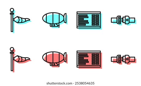 Set line Airport board, Cone meteorologia vento vento palheta, dirigível e cinto de segurança ícone. Vetor