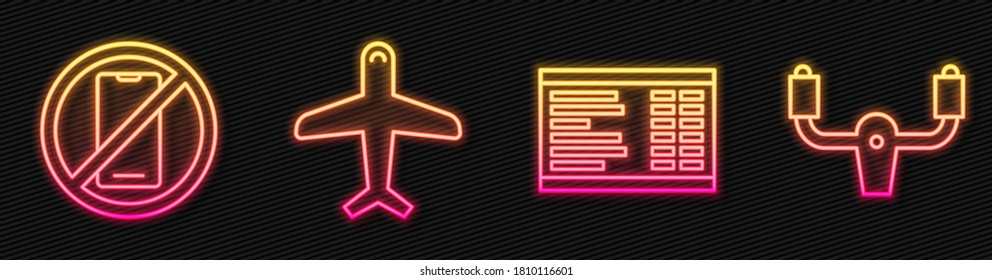 Set line Airport board, No cell phone, Plane and Aircraft steering helm. Glowing neon icon. Vector