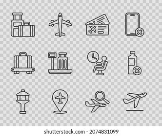 Set line Airport control tower, Plane takeoff, Airline ticket, Suitcase, Scale with suitcase, Airplane search and No water bottle icon. Vector