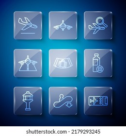 Set line Airport control tower, Escalator down, Airline ticket, Airplane search, Conveyor belt with suitcase, Plane, landing and No water bottle icon. Vector