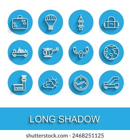 Set line Airport control tower, Sun and cloud weather, Suitcase, Compass, Passenger ladder for plane boarding, Helicopter, Worldwide and Aircraft steering helm icon. Vector