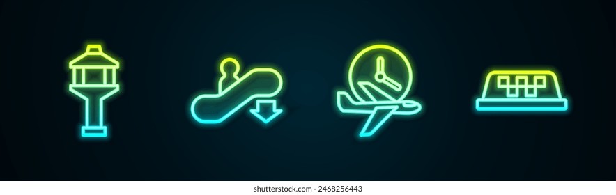 Set line Airport control tower, Escalator down, Flight time and Taxi car roof. Glowing neon icon. Vector