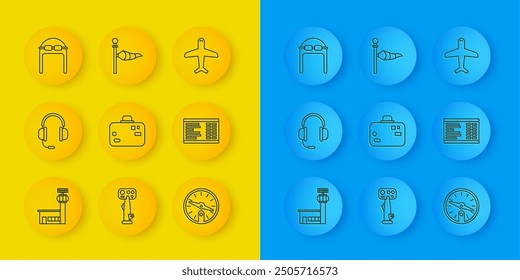 Set line Flughafenleitturm, Kopfhörer mit Mikrofon, Koffer, Kompass, Brett, Aviator Hutbrille, Flugzeug und Cone Meteorologie Windsocke Windfahne Symbol. Vektorgrafik