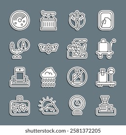 Set line Airport control tower, Scale with suitcase, Trolley baggage, Plane propeller, Aviation emblem, Aircraft steering helm, Radar targets monitor and crash icon. Vector