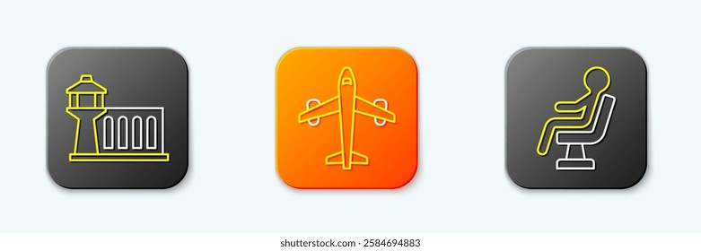 Set line Airport control tower, Plane and Human waiting in airport terminal icon. Vector