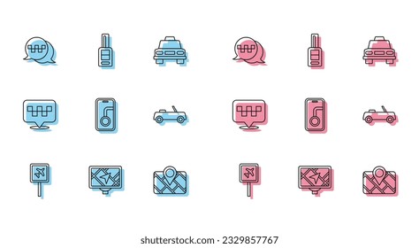 Set line Airport, Gps device with map, Taxi call telephone service, City navigation, Car, Location taxi and key remote icon. Vector