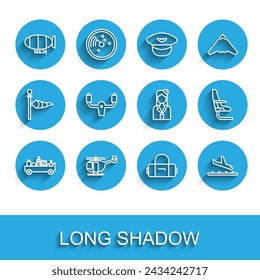 Set line Airport luggage towing truck, Helicopter, Airship, Suitcase, Plane landing, Aircraft steering helm, Airplane seat and Stewardess icon. Vector