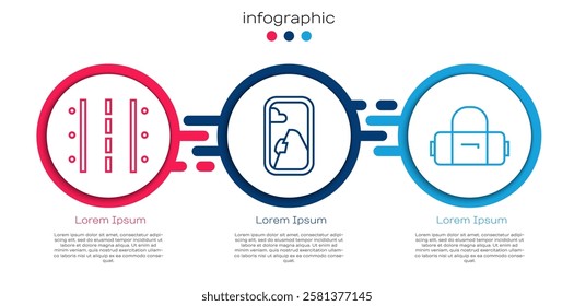 Set line Airport runway, Airplane window and Suitcase. Business infographic template. Vector