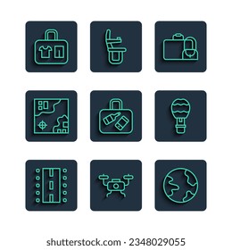 Fija la línea de pista de aeropuerto, vuelo de drones, globo aerostático, maleta, mapa de viajes e icono de globo aerostático. Vector