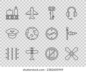 Set line Airport runway, Plane propeller, Aircraft steering helm, conveyor belt with suitcase, Worldwide, No cell phone and Cone meteorology windsock wind vane icon. Vector