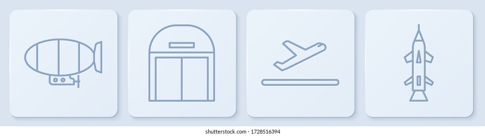 Fijar la línea Airship, el despegue del avión, el hangar de la aeronave y el cohete. Botón cuadrado blanco. Vector