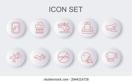 Set line Airship, Warning aircraft, Helicopter, Modern pilot helmet, Airplane window, Cloud with rain, UAV Drone and No Smoking icon. Vector