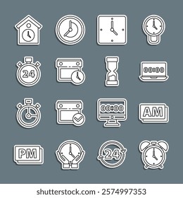 Set line Alarm clock, Clock AM, on laptop, Calendar and, Stopwatch 24 hours, Retro wall and Old hourglass icon. Vector