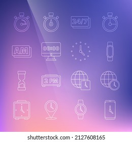 Set line Alarm clock app mobile, World time, Smartwatch, Clock 24 hours, on monitor, AM, Stopwatch and icon. Vector