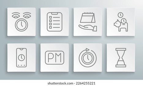 Set line Alarm clock app mobile, To do list or planning, Day time, Clock with arrow, Old hourglass sand, Calendar, Piggy bank coin and  icon. Vector