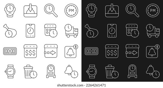 Set line Alarm clock, app mobile, Delivery truck and time, Magnifying glass with, Food, Clock and Calendar icon. Vector