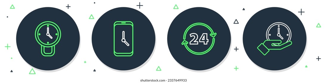 Set line Alarm clock app mobile, Clock 24 hours,  and  icon. Vector