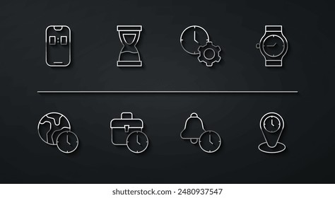 Set line Alarm clock app mobile, World time, Wrist watch, Work, Old hourglass, Time zone clocks and management icon. Vector