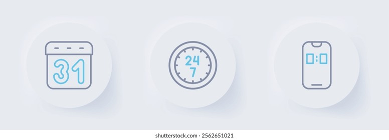 Set line Alarm clock app mobile, Clock 24 hours and Calendar icon. Vector