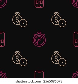 Set line Alarm clock app mobile, Time is money and Stopwatch on seamless pattern. Vector