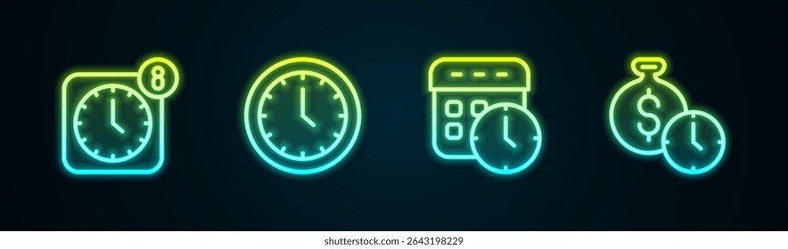 Set line Alarm clock app mobile, Clock, Calendar and and Time is money. Glowing neon icon. Vector