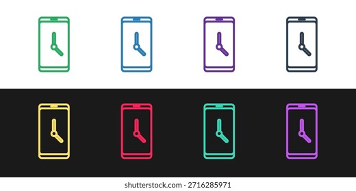 Conjunto de línea App de despertador icono de interfaz de teléfono inteligente aislado en fondo blanco y negro.  Vector