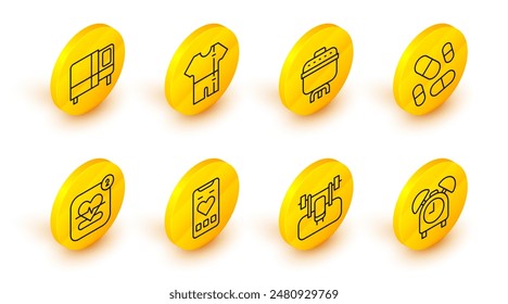 Set line Alarm clock, Bench with barbel, Mobile heart rate, Vitamin pill, Cooking pot, Sport track suit and Bed icon. Vector