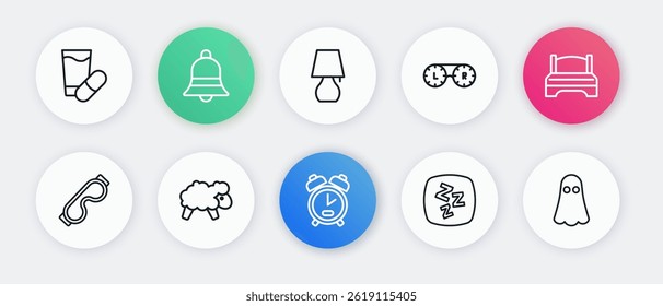 Set line Alarm clock, Big bed, Eye sleep mask, Sleepy, Contact lens container, Table lamp, Ghost and Sheep icon. Vector