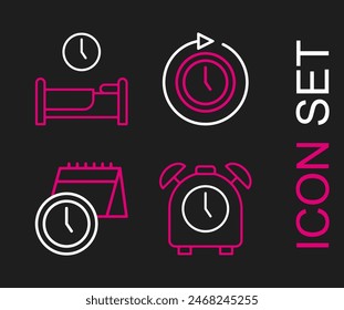 Set line Alarm clock, Calendar and, Clock with arrow and Time to sleep icon. Vector